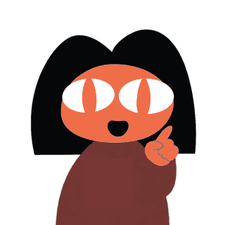 Oko-chan, mascotte coi capelli lunghi neri e il vestito bordeaux, con un dito alzato mentre spiega